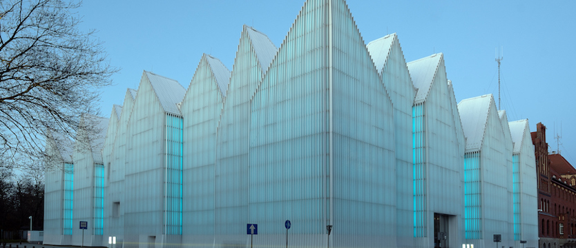 Filharmonia i dźwigozaury podświetlone na niebiesko dla pracowników służby zdrowia