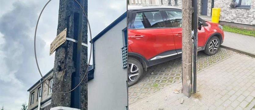 Słupy, z których zlatują kawałki betonu i droga jak ser szwajcarski