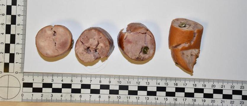 Rozrzucał kiełbasę z metalowymi elementami