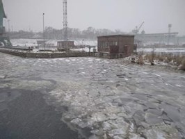 Lodołamacz "Dzik" kruszył lód w pobliżu kanału doprowadzającego wodę do elektrociepłowni na Pomorzanach