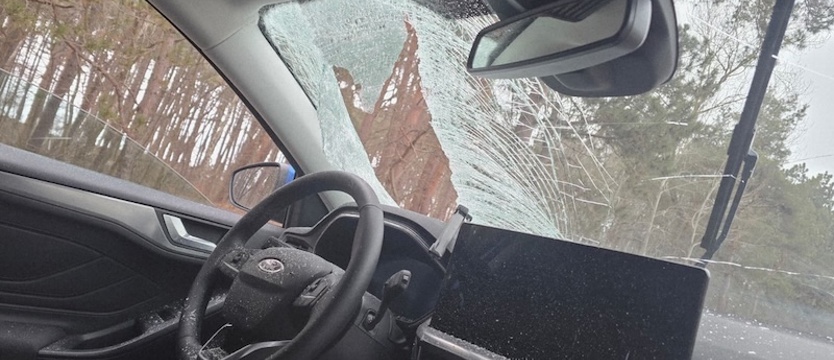 Tafla lodu spadła na jadące auto. Kierowca dostawczaka ukarany mandatem